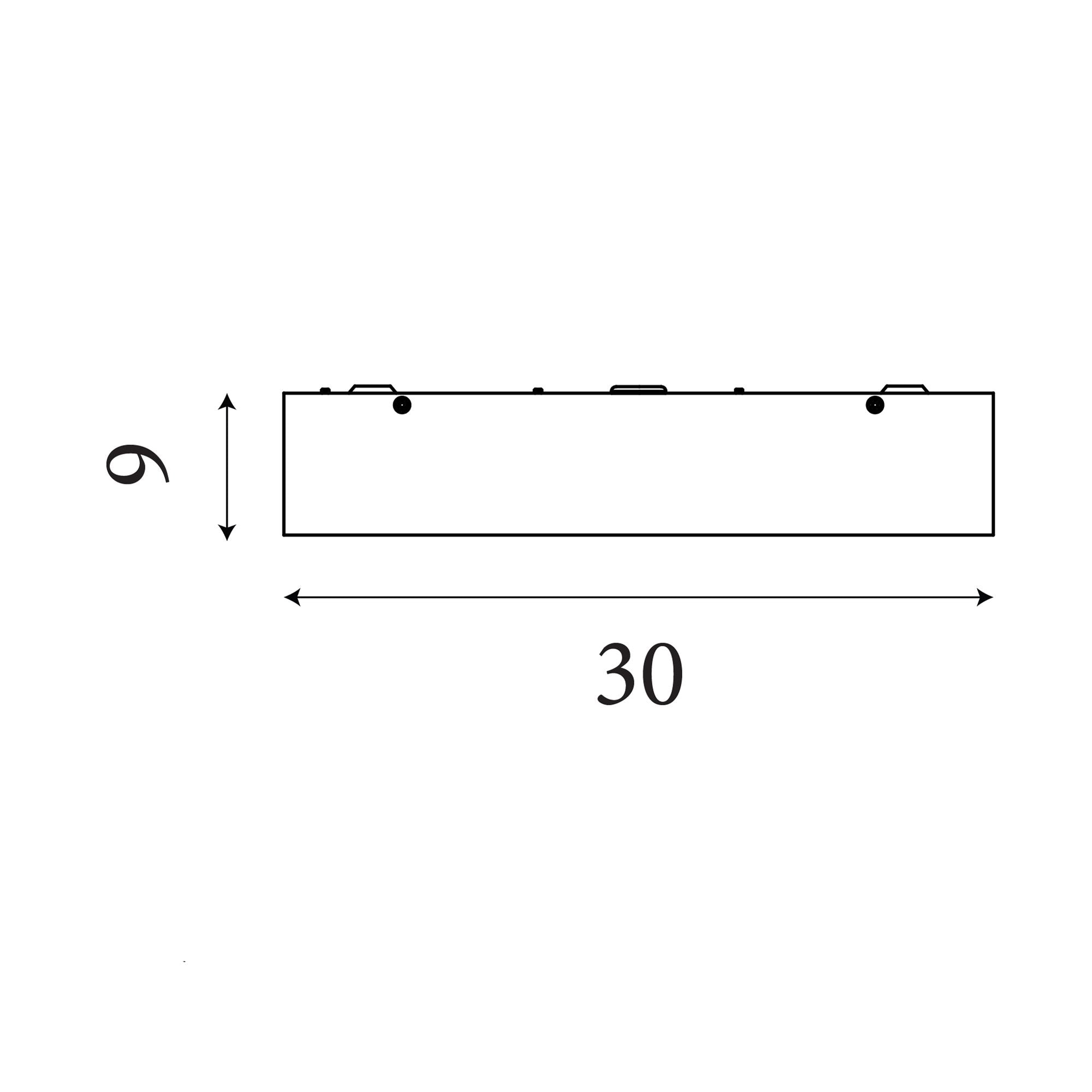 Technical line drawing of the Searchlight Zeus flush ceiling light showing a 30cm square by 6cm deep profile with fixing points