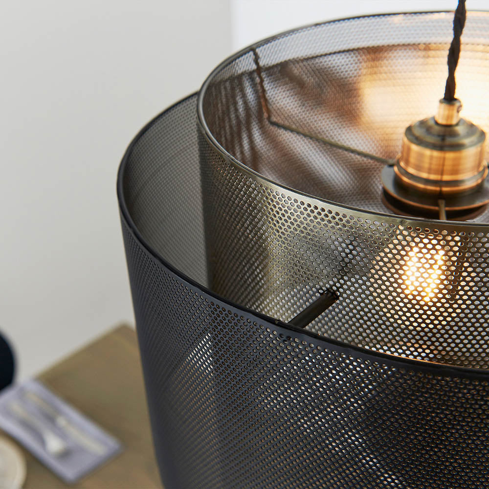 Endon Plexus Single Light Pendant Shade 250mm - Matt Black & Antique Brass Plate - Shade Only