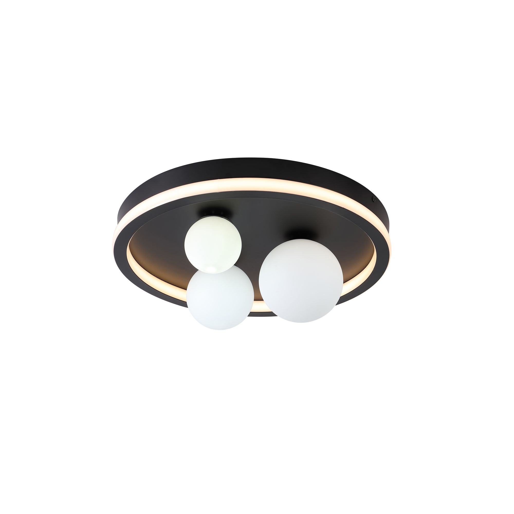 Searchlight Trident LED flush ceiling light in black, angled studio shot showing the lit ring edge and three opal glass globes