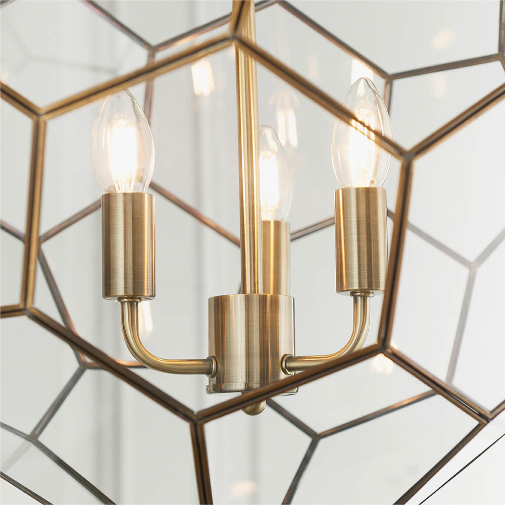 Endon Miele 3 Light Pendant - Antique Brass Plate & Clear Glass