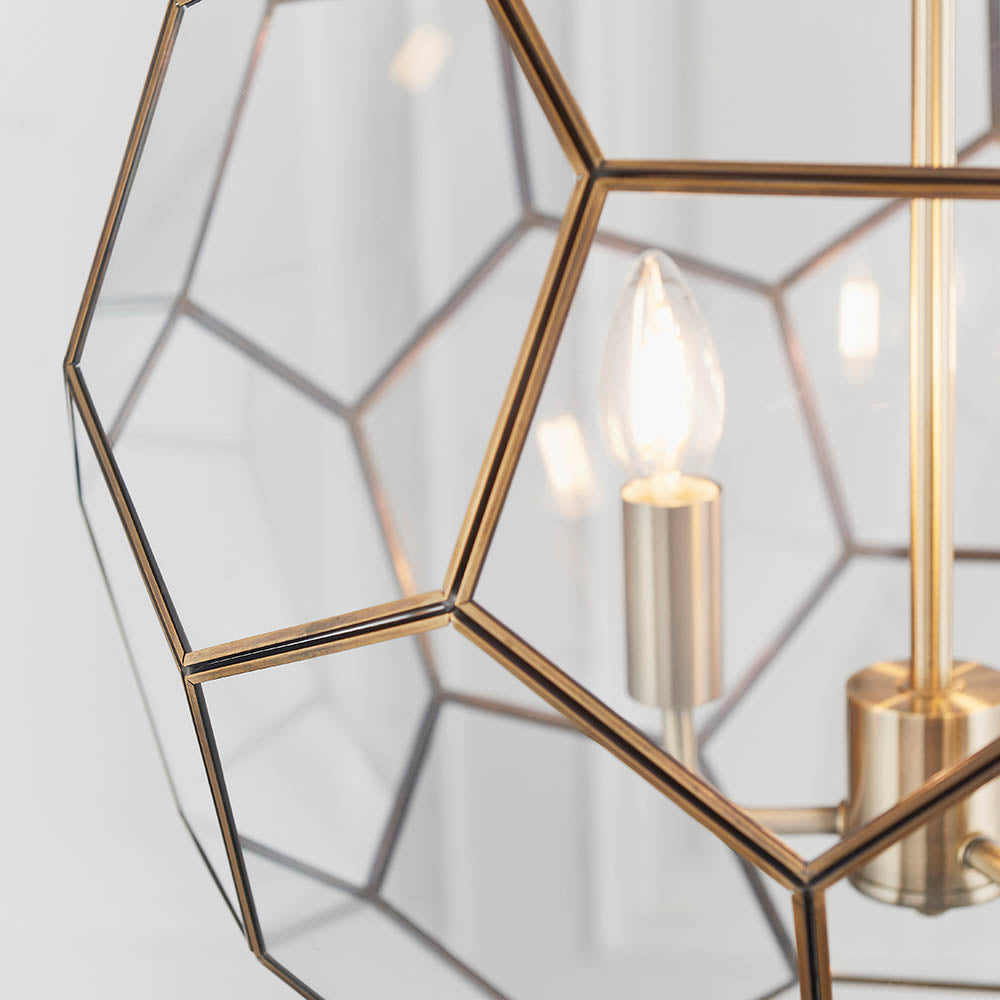 Endon Miele 3 Light Pendant - Antique Brass Plate & Clear Glass