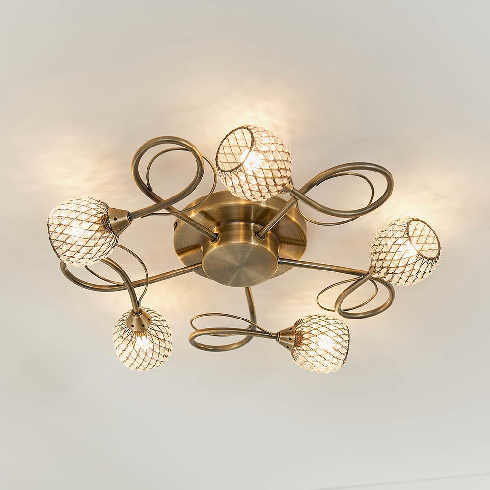 Endon Aherne 5 Light Semi Flush Fitting - Antique Brass Plate With Clear Glass & Brass Wire
