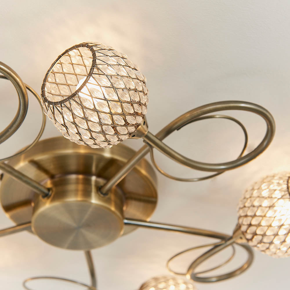 Endon Aherne 5 Light Semi Flush Fitting - Antique Brass Plate With Clear Glass & Brass Wire