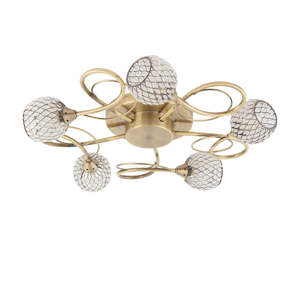 Endon Aherne 5 Light Semi Flush Fitting - Antique Brass Plate With Clear Glass & Brass Wire