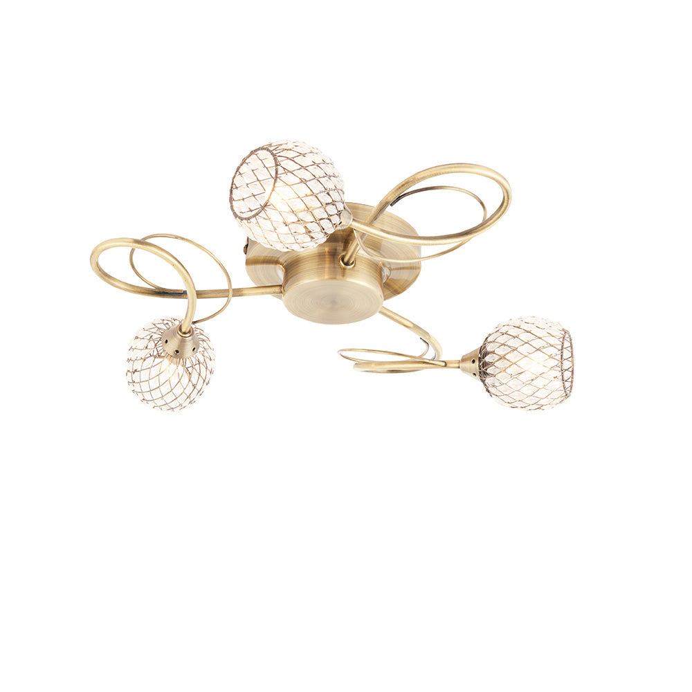 Endon Aherne 3 Light Semi Flush Fitting - Antique Brass Plate With Clear Glass & Brass Wire