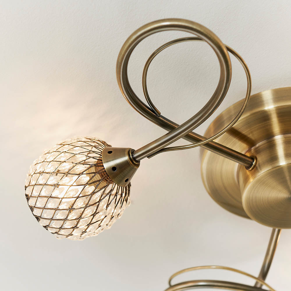 Endon Aherne 3 Light Semi Flush Fitting - Antique Brass Plate With Clear Glass & Brass Wire