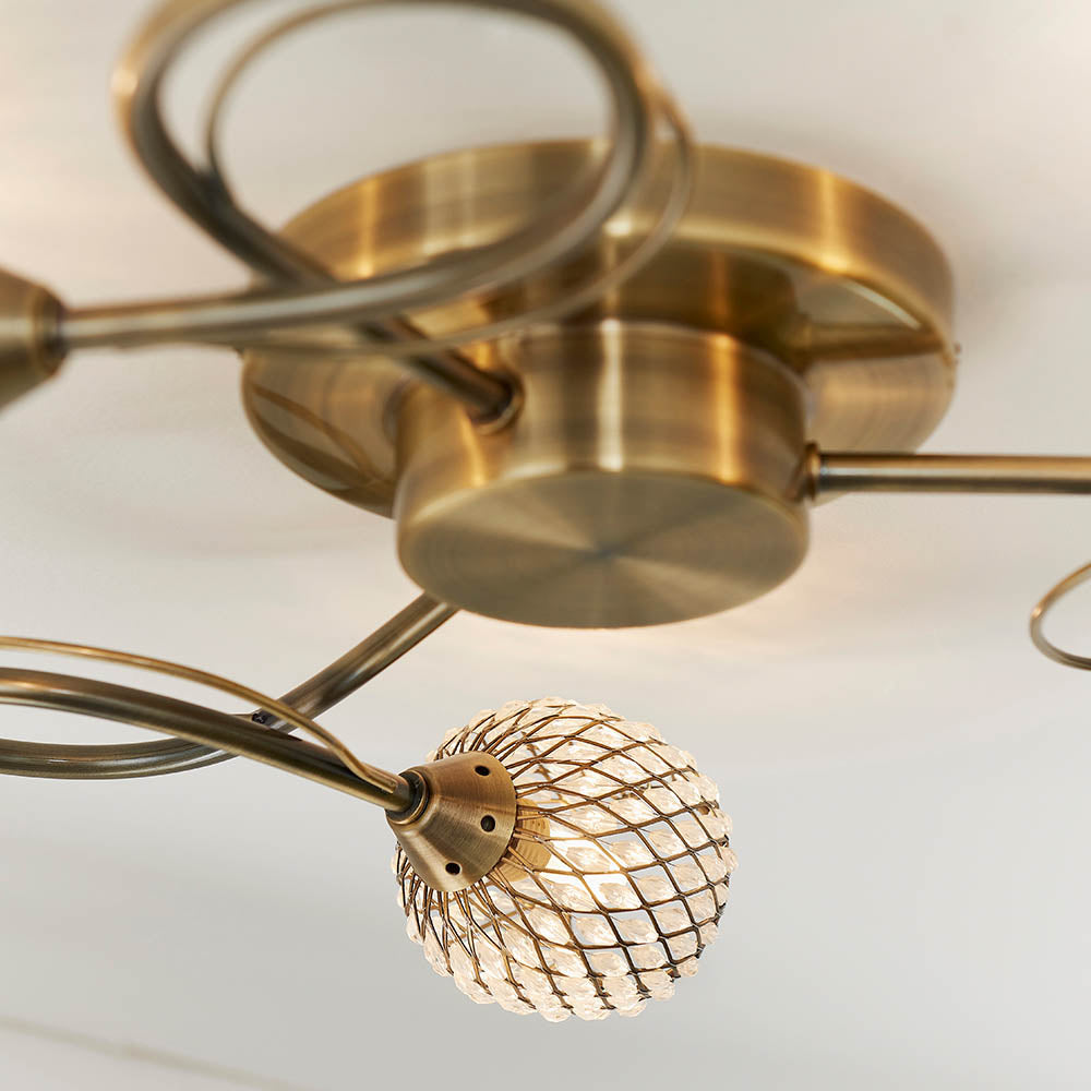 Endon Aherne 3 Light Semi Flush Fitting - Antique Brass Plate With Clear Glass & Brass Wire
