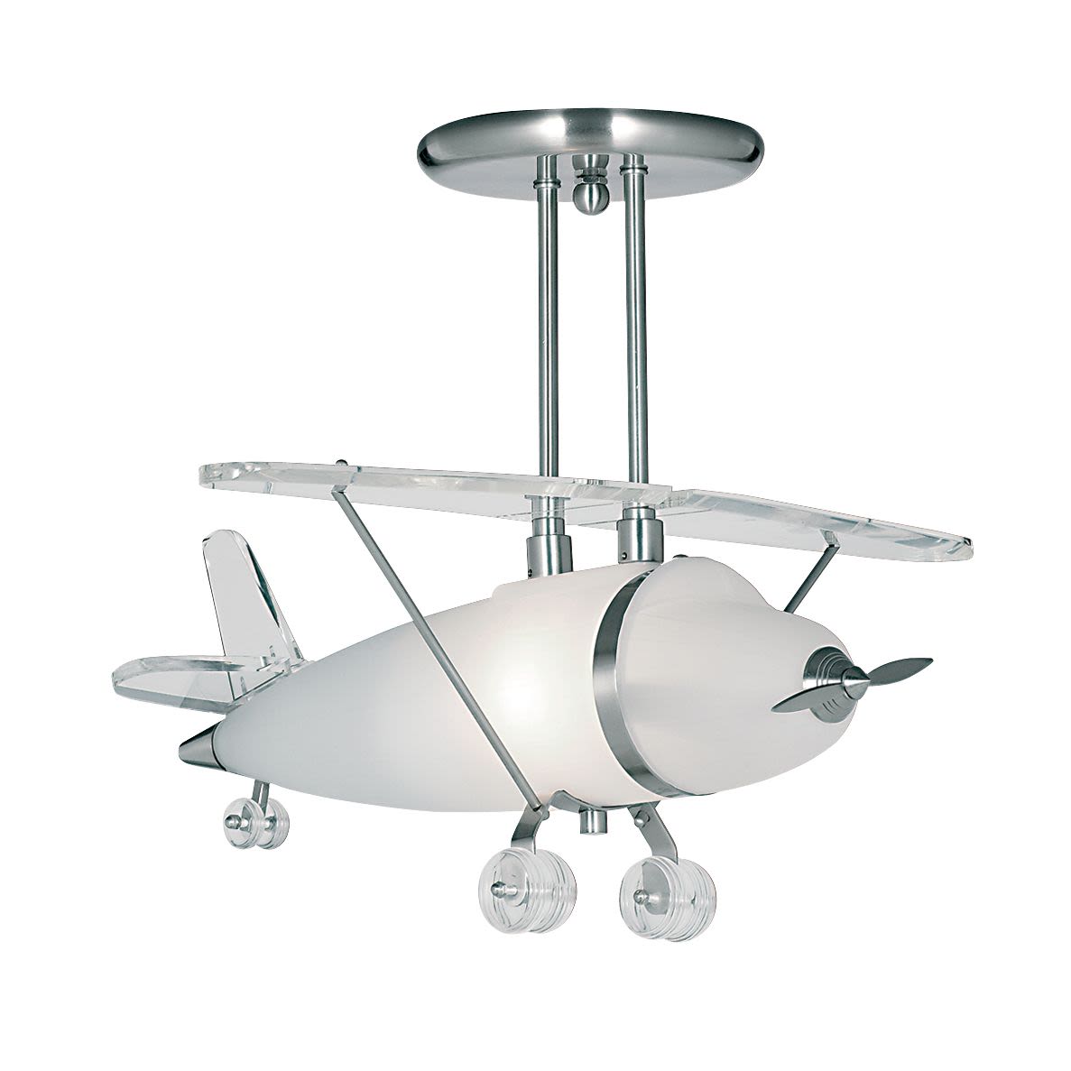 Searchlight Novelty Airplane ceiling light in satin silver, angled view on a white background