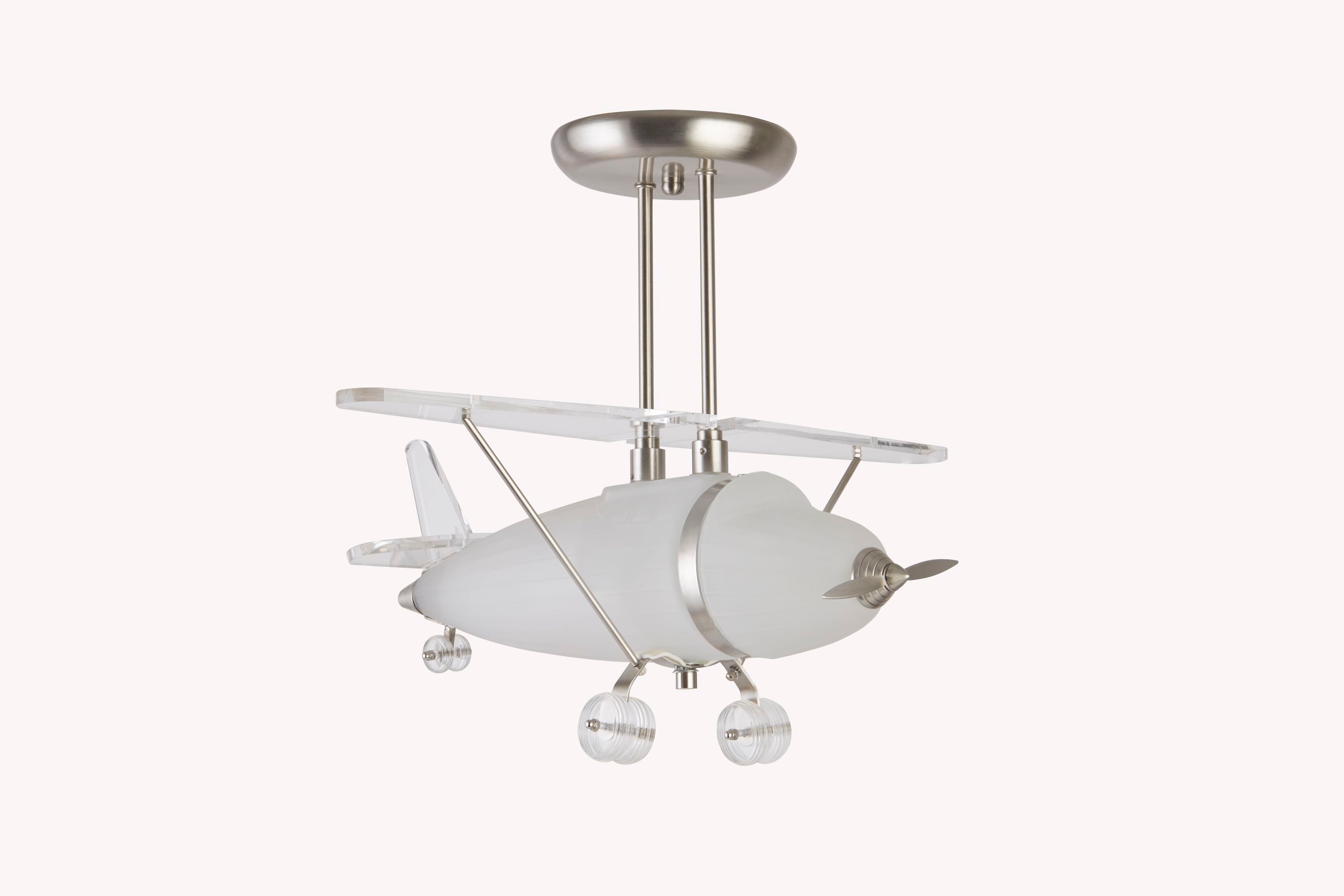 Searchlight Novelty Airplane ceiling light in satin silver, closer angled view showing the propeller and tail