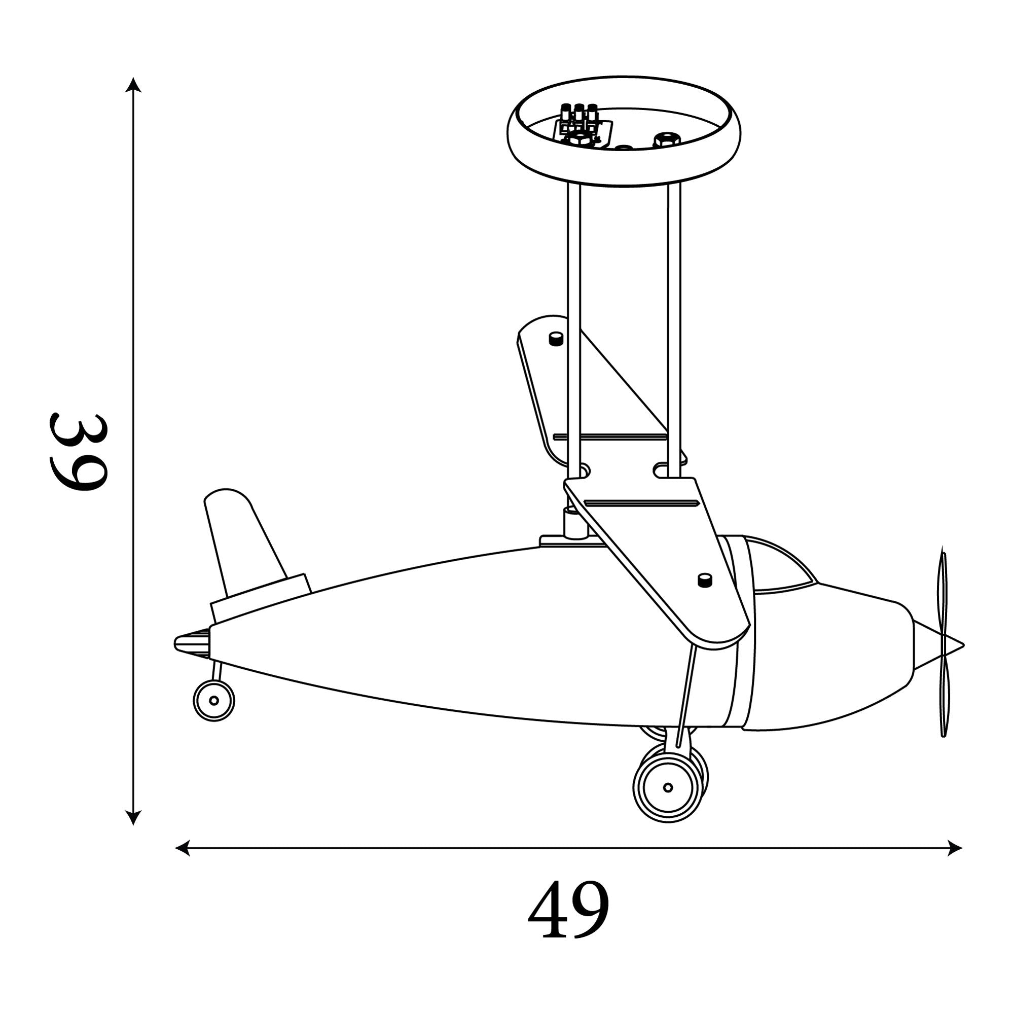 Technical dimension drawing of the Novelty Airplane ceiling light showing 39cm height and 49cm width