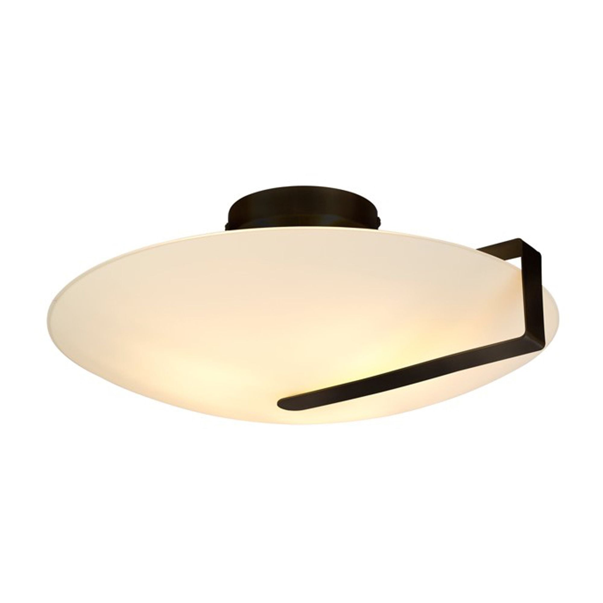 Searchlight Sundial flush ceiling light in black with frosted glass, angled studio view showing the disc shaped shade and off centre bracket with diagonal bar detail