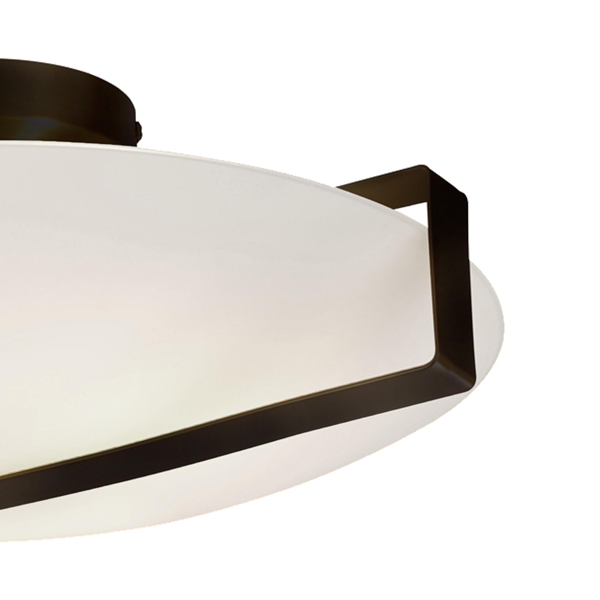 Close up of the black bracket and diagonal bar detail on the Searchlight Sundial flush ceiling light frosted glass shade
