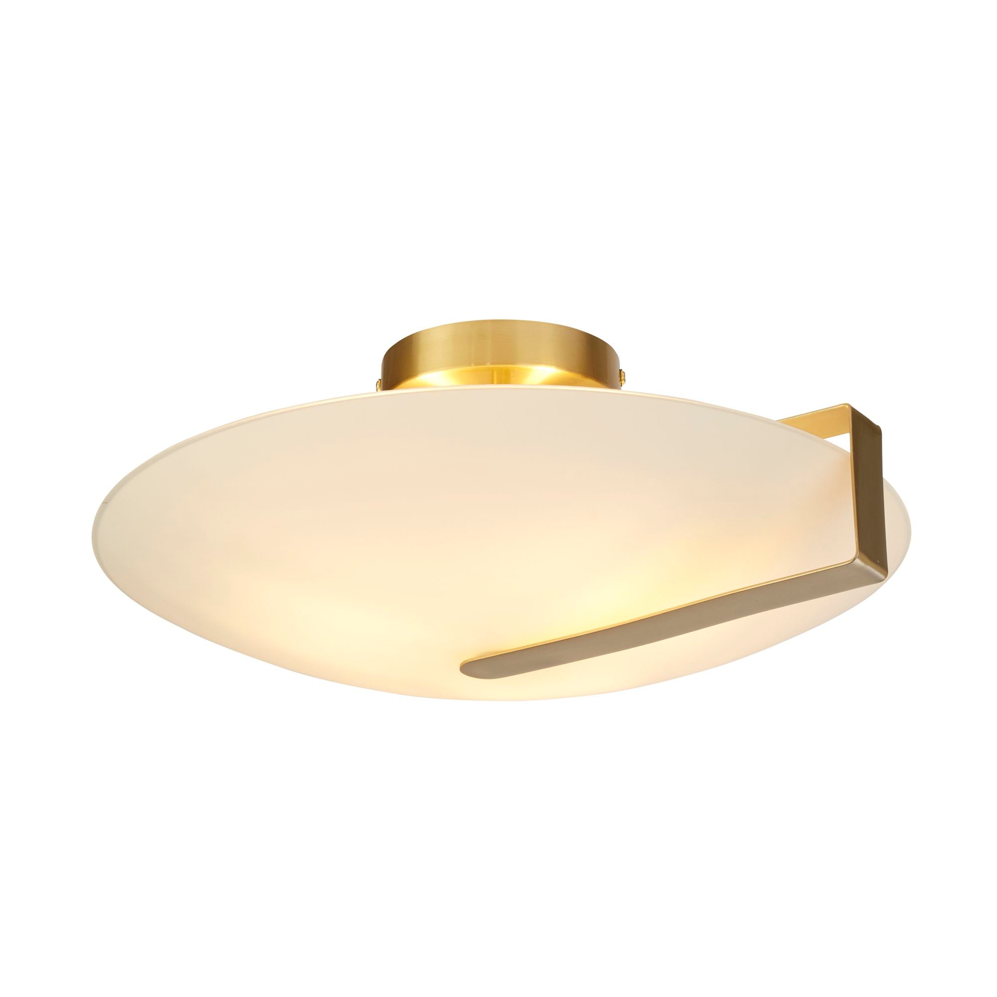 Searchlight Sundial flush ceiling light in gold with frosted glass, angled studio view showing the disc shaped shade and off centre bracket with diagonal bar detail