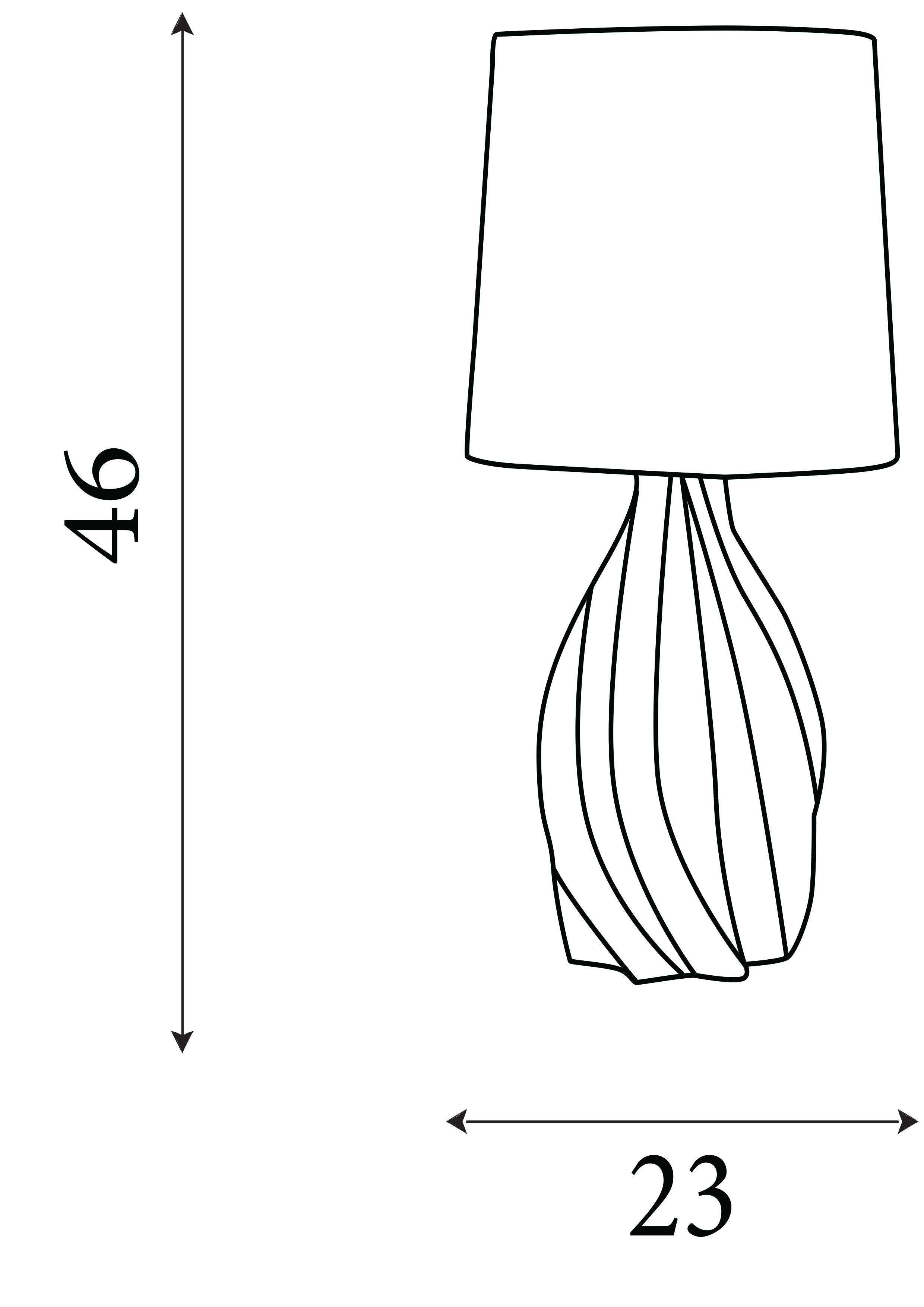 Technical line drawing of the Twist table lamp showing height 46cm and width 23cm