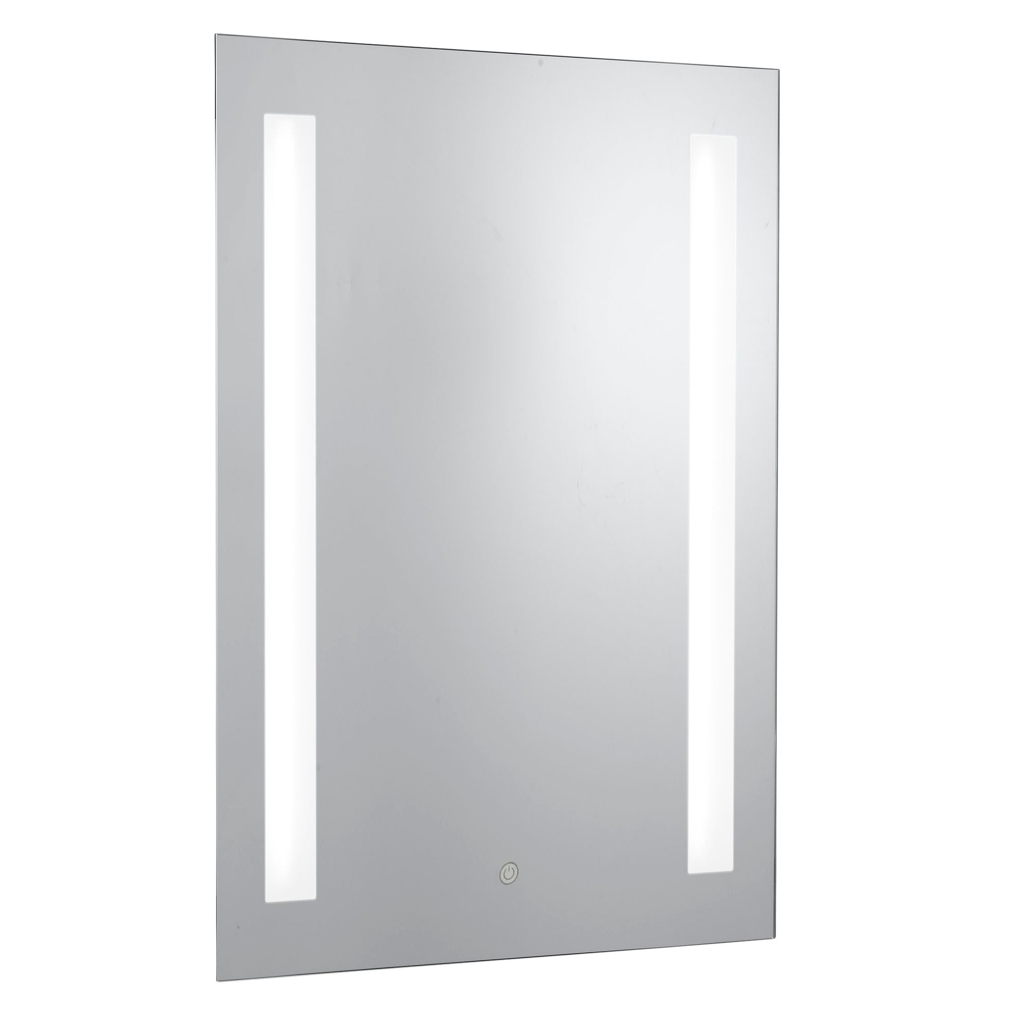 Searchlight chrome bathroom mirror with two vertical frosted light strips lit, angled studio shot on white background