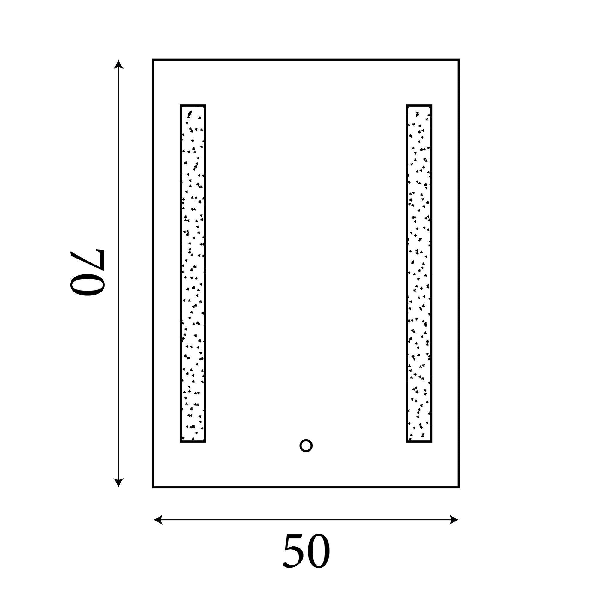 Line drawing of the Searchlight chrome bathroom mirror showing 50cm width and 70cm height, with the touch control position marked