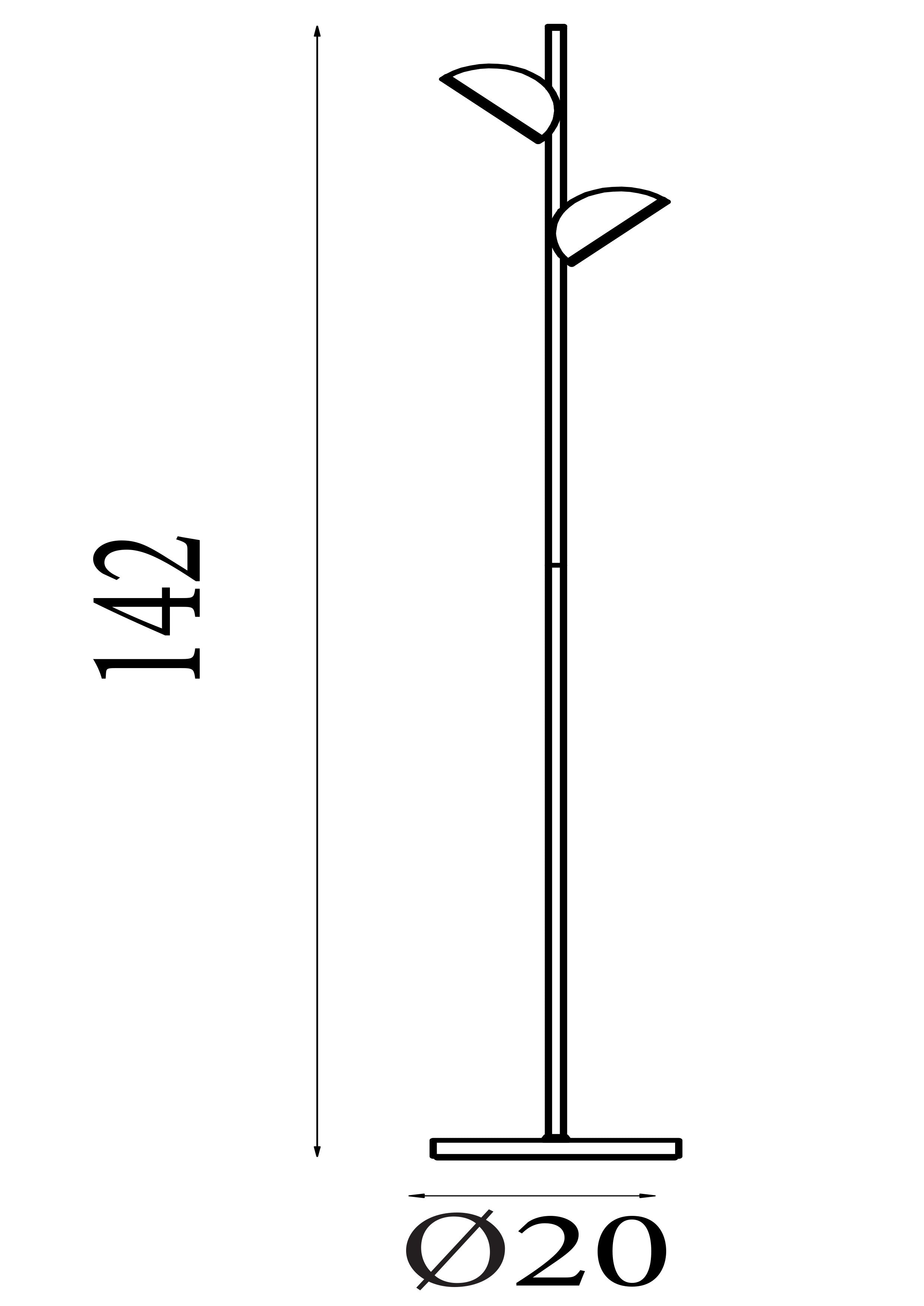 Technical drawing of the Tully floor lamp showing 142cm height and 20cm diameter base
