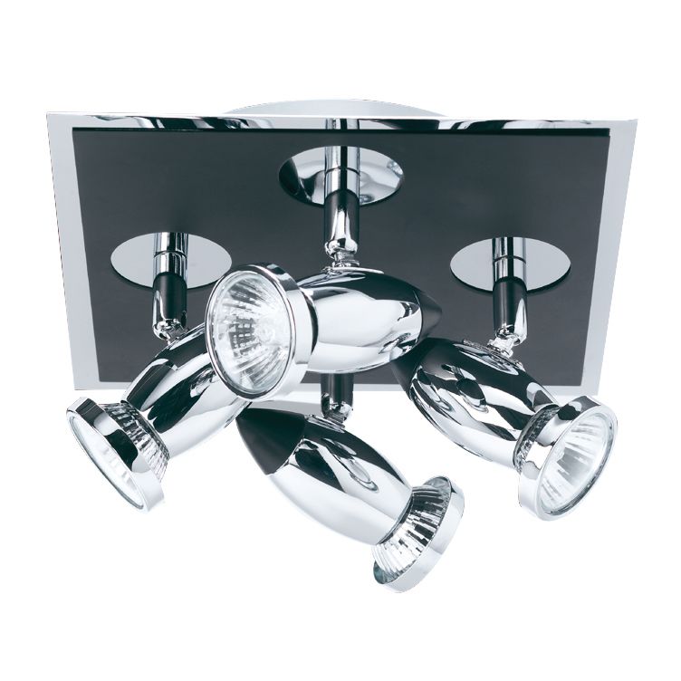 Searchlight Comet 4 light square spotlight in matt black and polished chrome, angled studio shot with all four heads lit