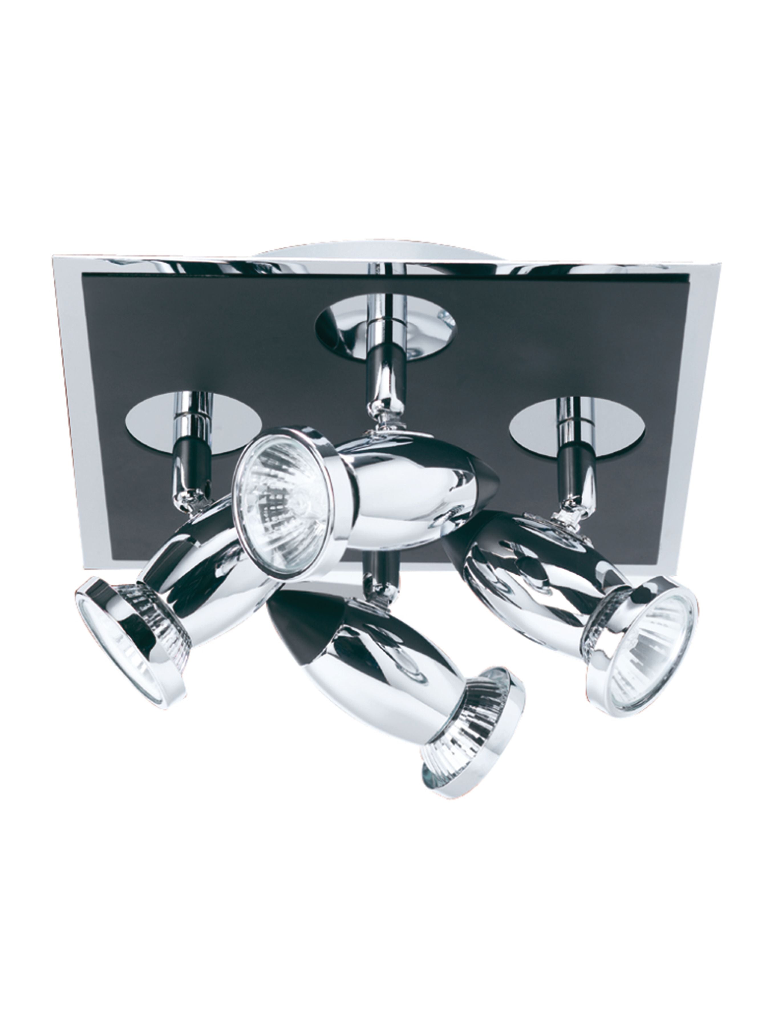 Searchlight Comet 4 light square spotlight in matt black and polished chrome, close angled view showing the black backplate and chrome heads