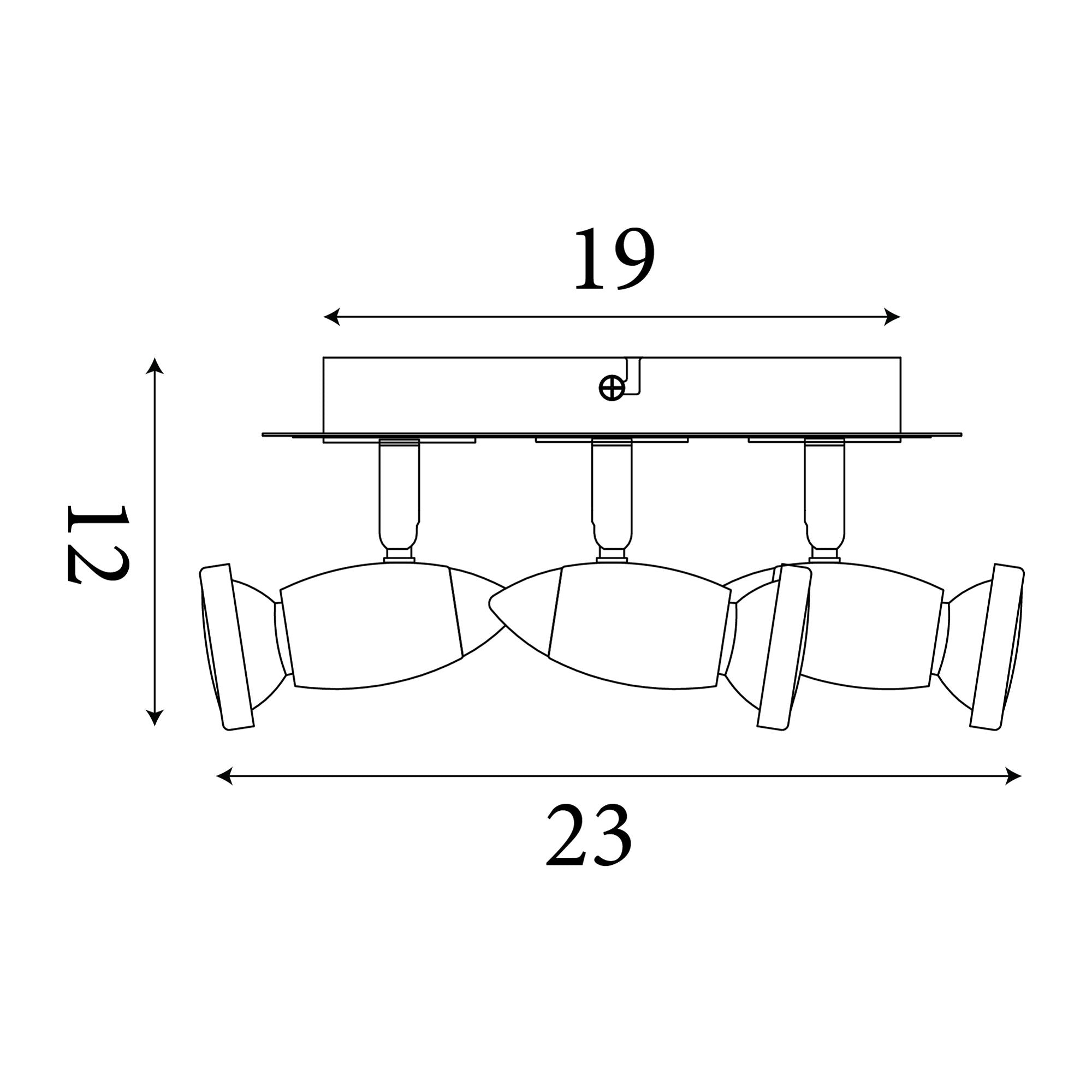 Technical line drawing of the Comet 4 light square spotlight showing 23cm width and 12cm height