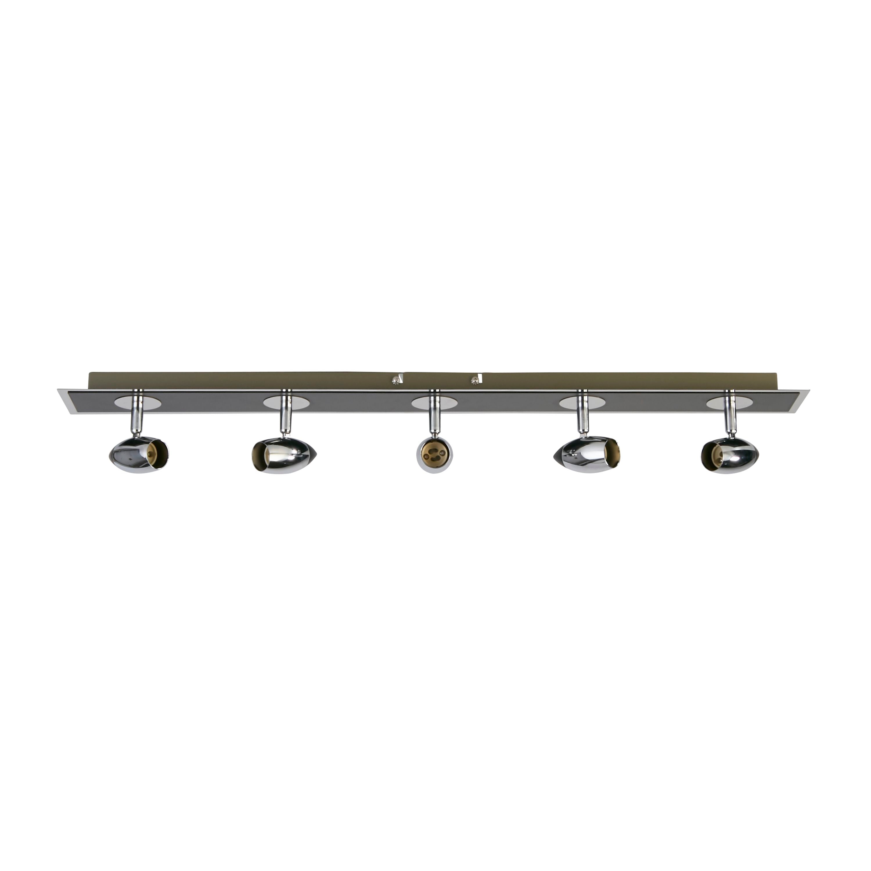 Searchlight Comet 5 light bar spotlight in matt black and polished chrome, view showing the empty GU10 lamp holder on the centre head
