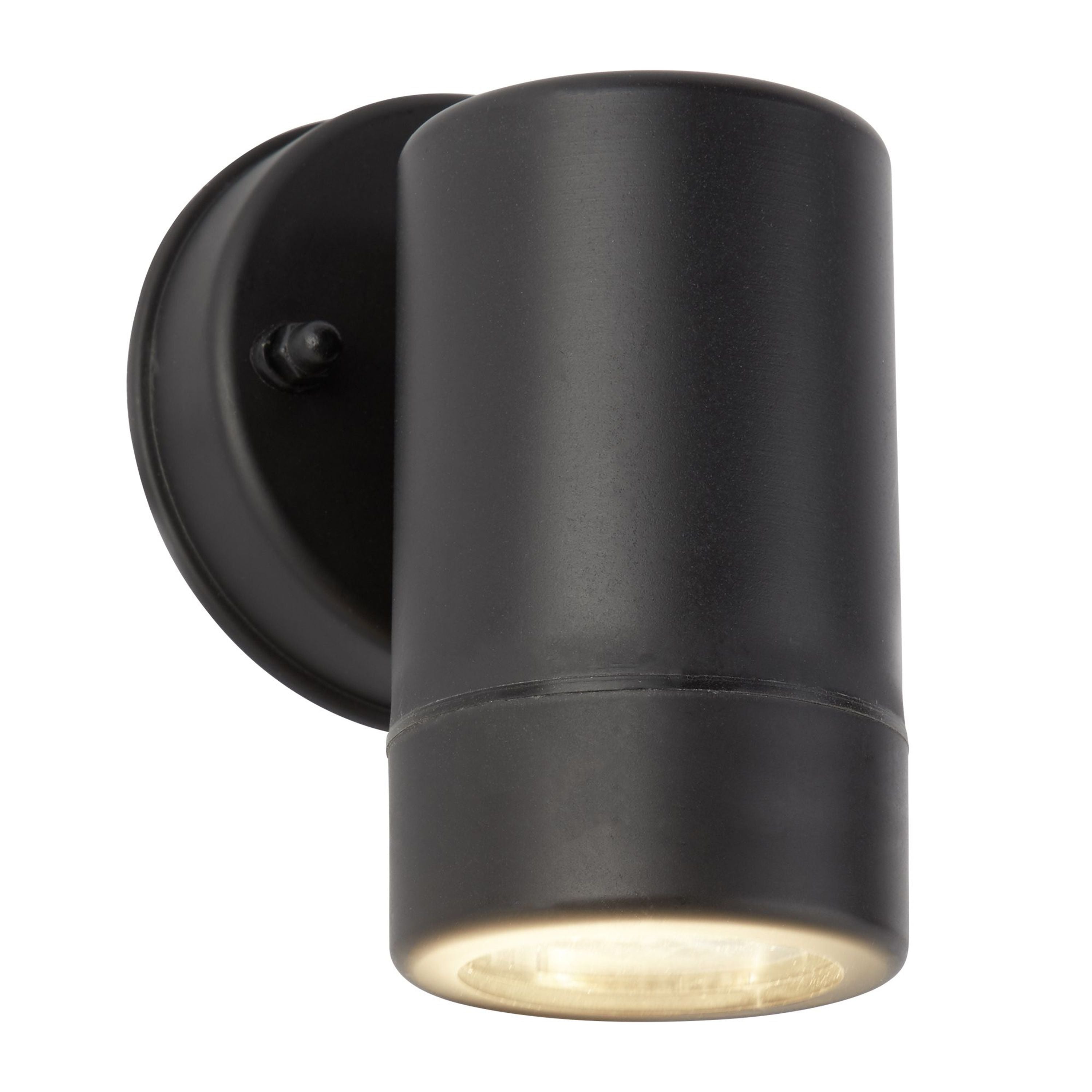 Coastal Outdoor Wall Light in black, front angle view of the cylindrical polypropylene body with the downlight lit at its base.