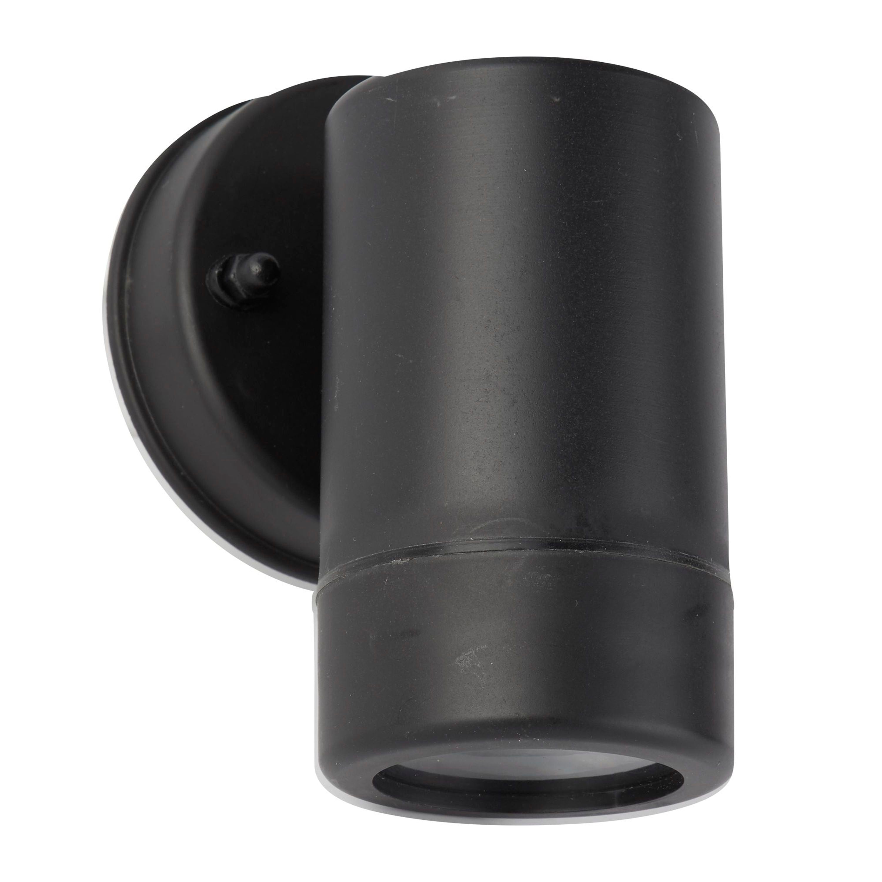 Coastal Outdoor Wall Light in black, alternate front angle showing the round wall plate and lit base of the fixture.