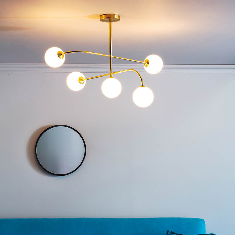 Endon Otto 5 Light Semi Flush Fitting - Satin Brass Plate & Opal Glass