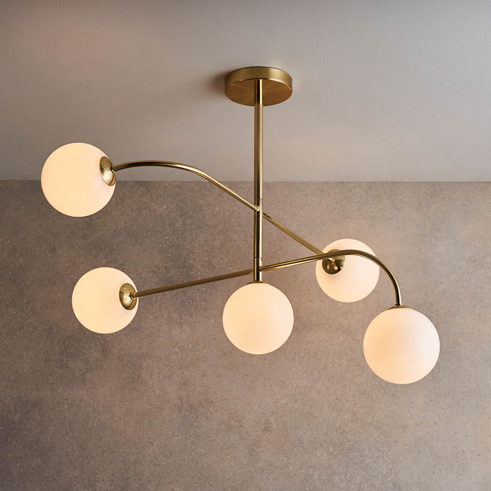 Endon Otto 5 Light Semi Flush Fitting - Satin Brass Plate & Opal Glass