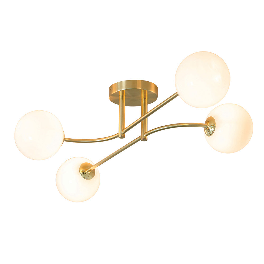 Endon Otto 4 Light Semi Flush Fitting - Satin Brass Plate & Opal Glass