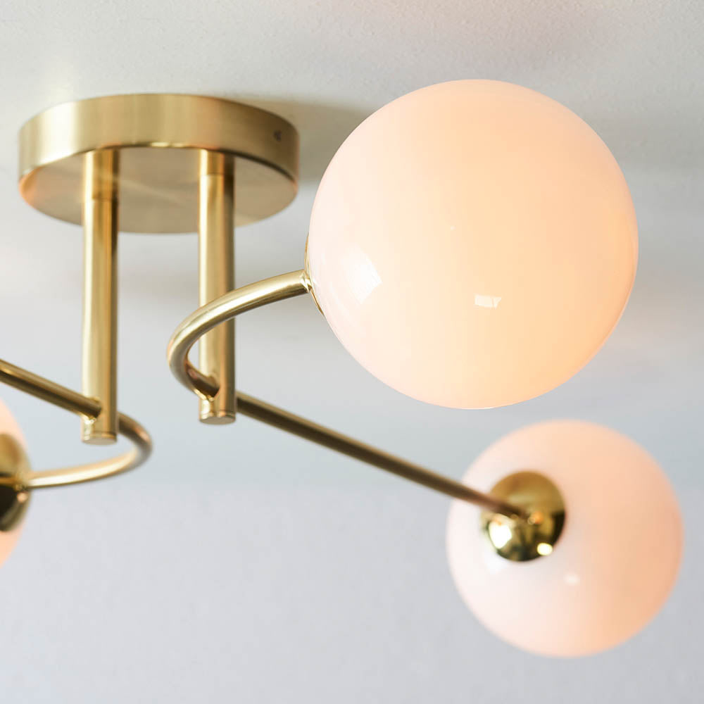 Endon Otto 4 Light Semi Flush Fitting - Satin Brass Plate & Opal Glass
