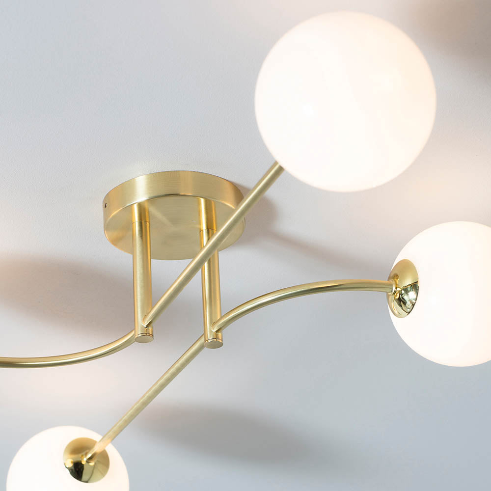 Endon Otto 4 Light Semi Flush Fitting - Satin Brass Plate & Opal Glass
