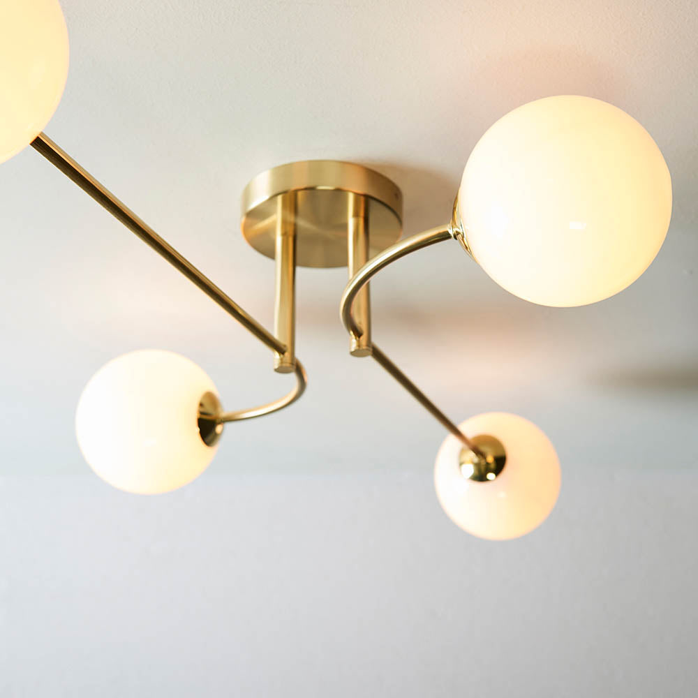 Endon Otto 4 Light Semi Flush Fitting - Satin Brass Plate & Opal Glass