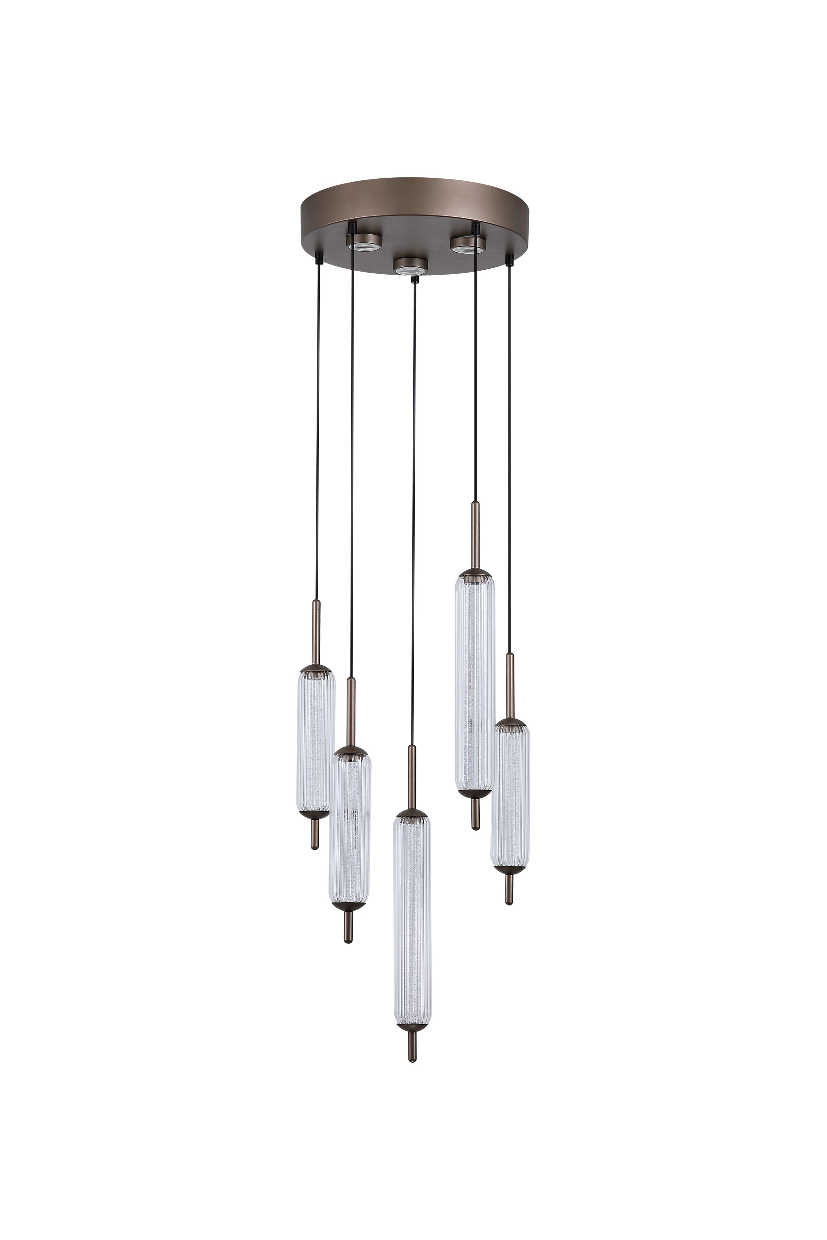 Searchlight Cattail 5 Light LED Pendant, alternate view of the five ribbed glass cylinder shades at staggered heights