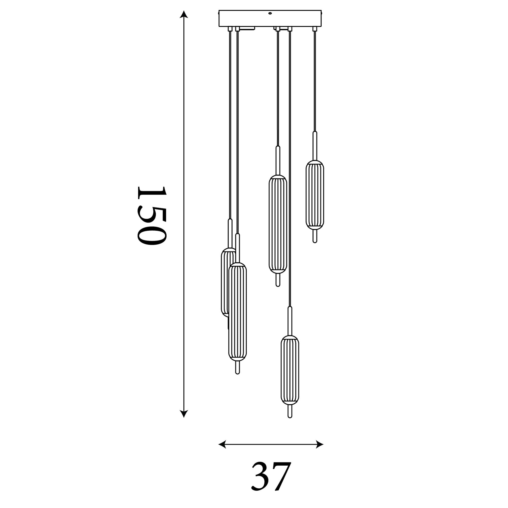 Technical line drawing of the Cattail 5 Light LED Pendant showing a 150cm maximum drop and 37cm ceiling plate diameter
