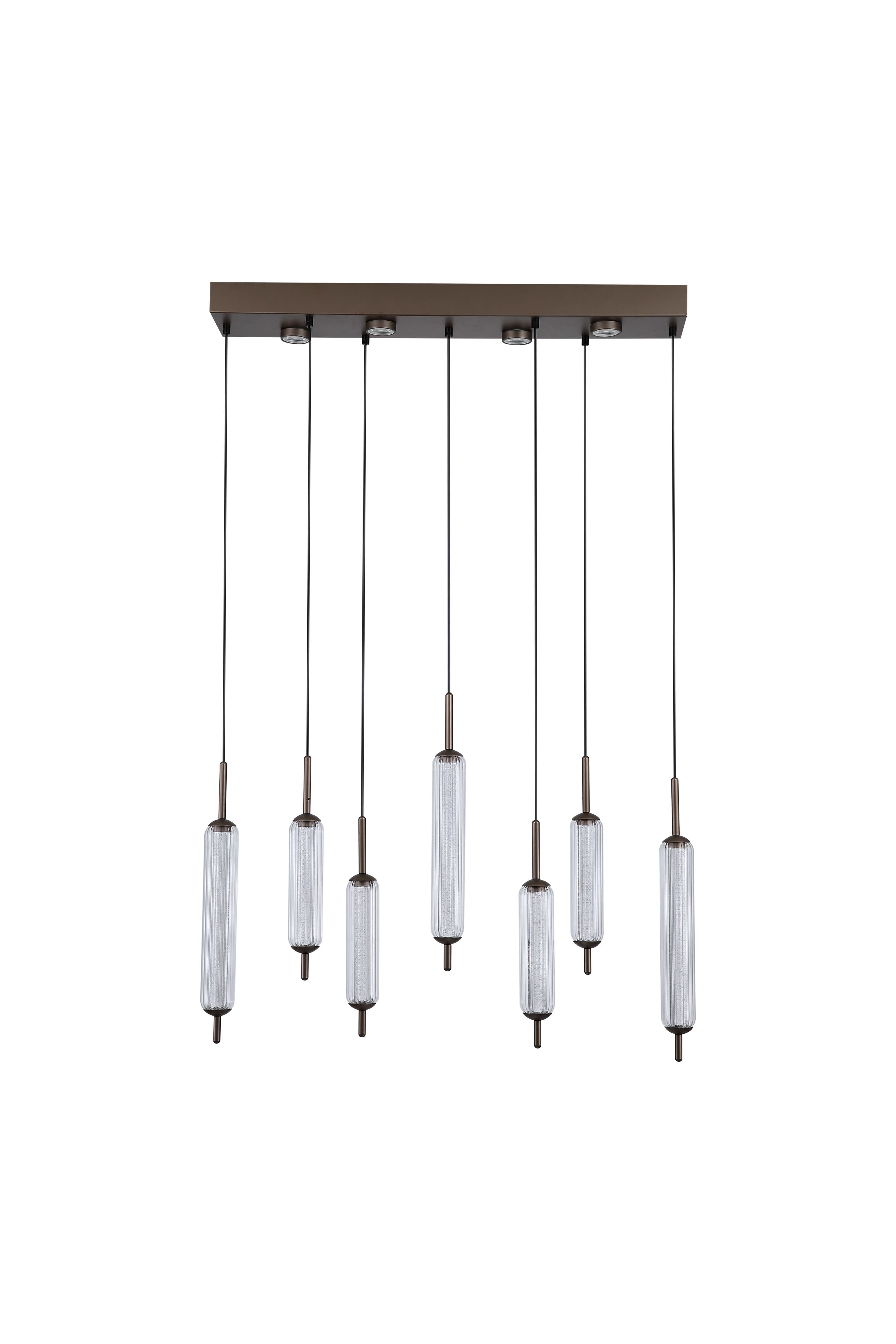 Searchlight Cattail 7 Light LED Pendant in latte metal, straight on studio shot of the ribbed glass tube drops and rectangular ceiling plate