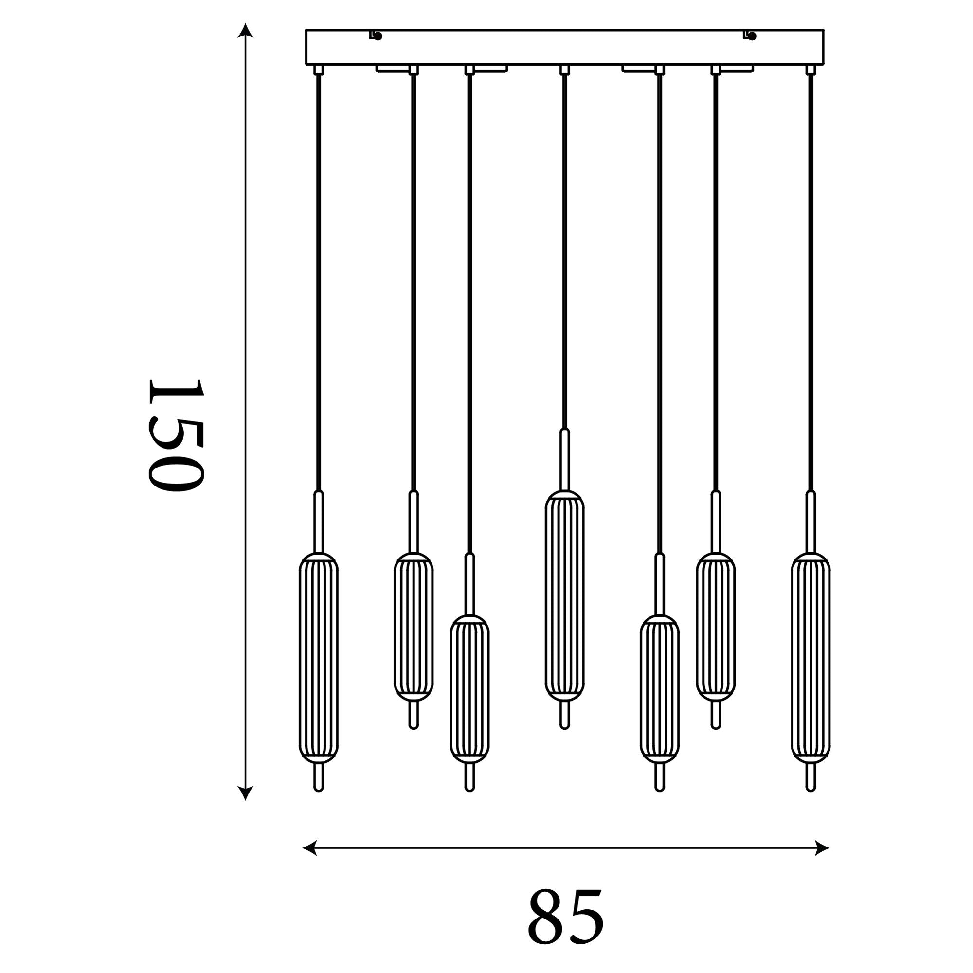 Technical line drawing of the Searchlight Cattail 7 Light LED Pendant showing a height of 150cm and a width of 85cm