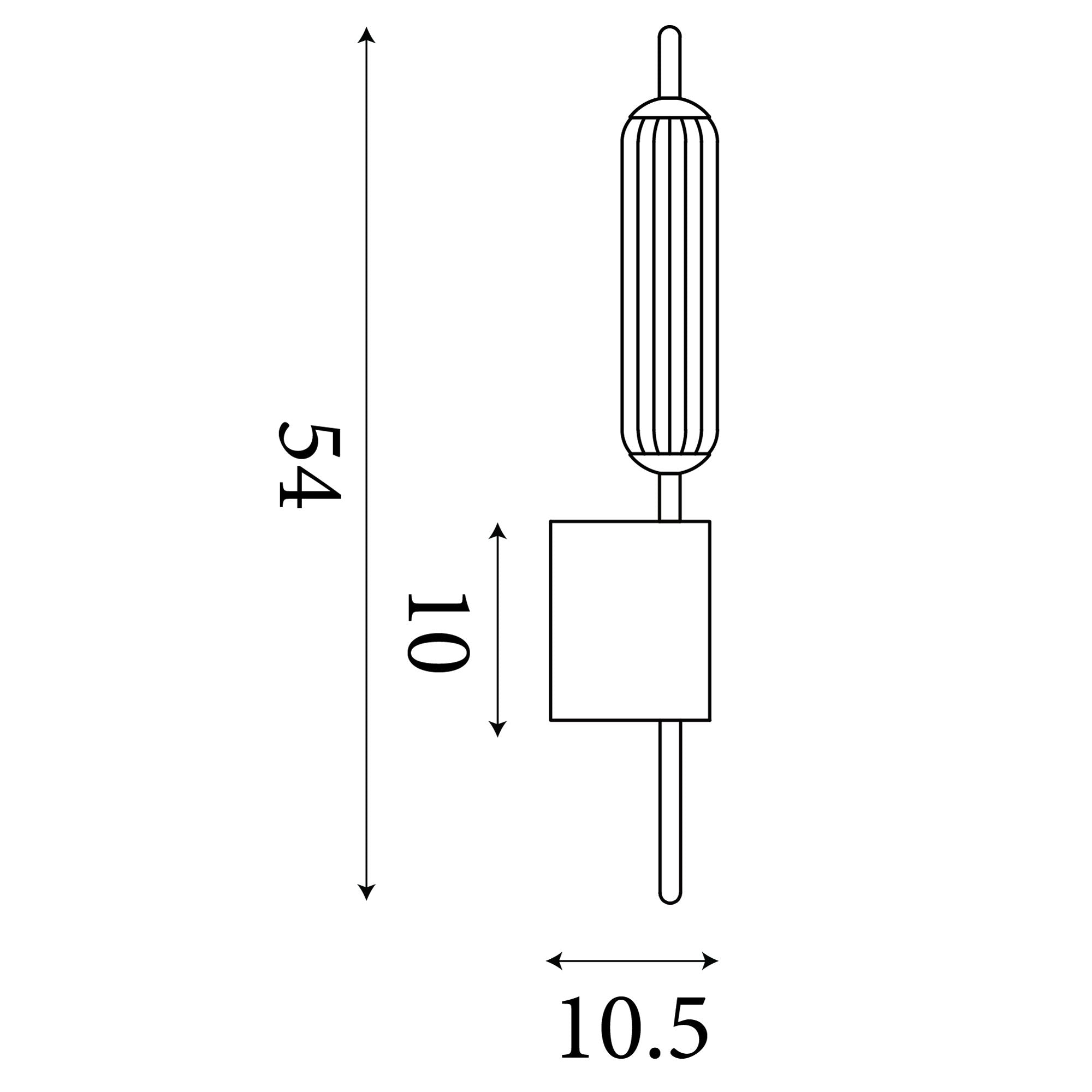 Technical line drawing of the Searchlight Cattail LED Wall Lamp showing a height of 54cm, backplate height of 10cm, and width of 10.5cm