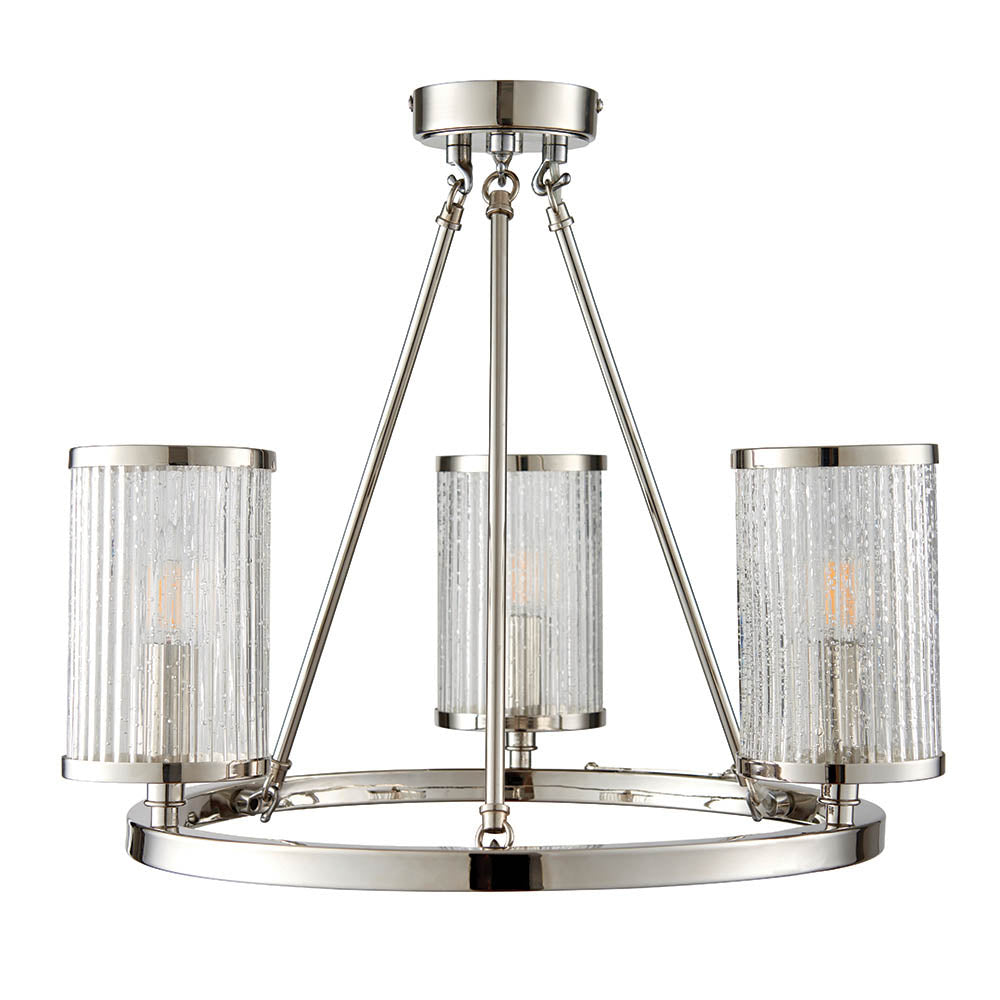 Endon Easton 3 Light Semi Flush Fitting - Bright Nickel Plate & Ribbed Bubble Glass