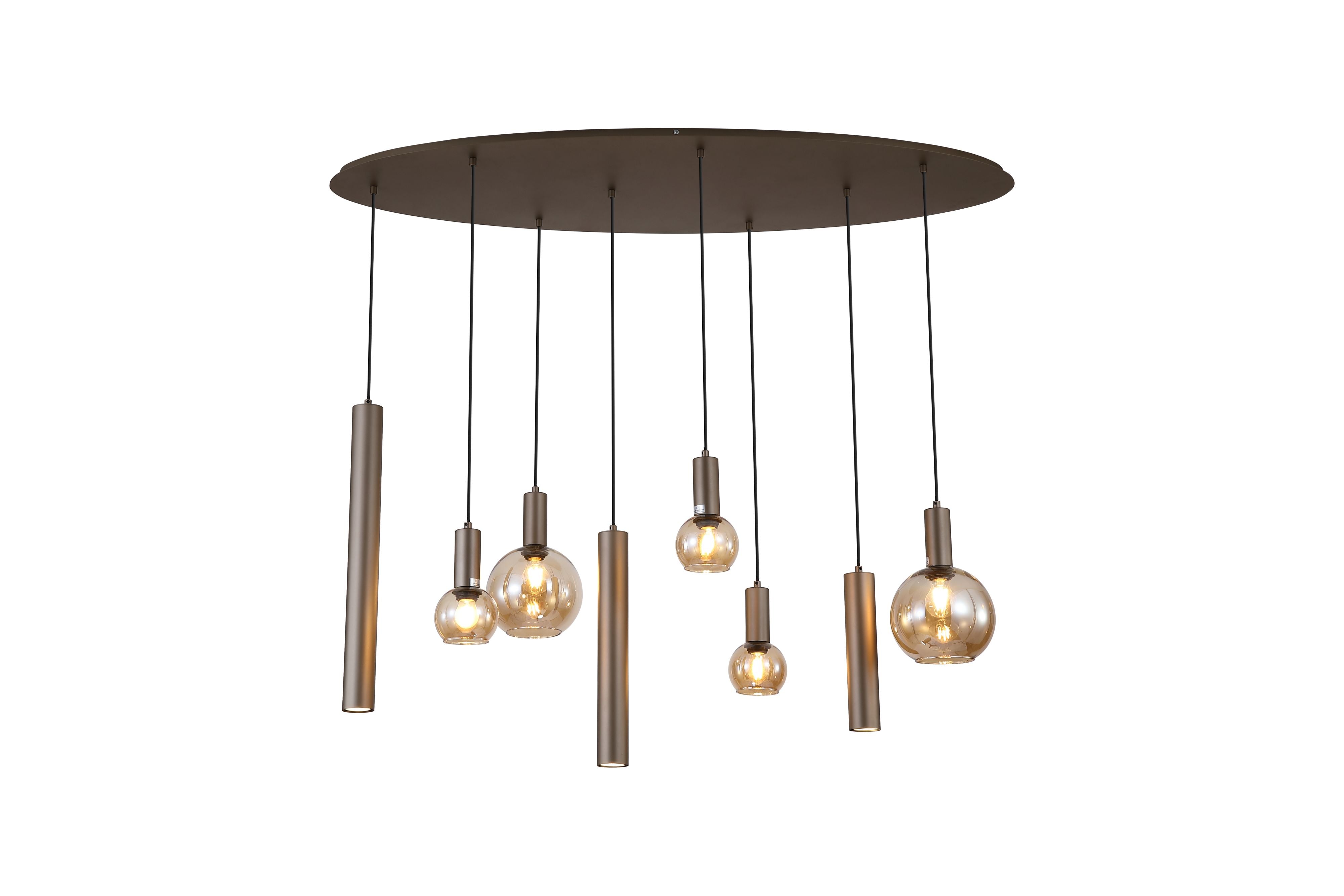 Searchlight Lyon 8 light multi drop pendant in latte metal, studio view showing the mix of amber glass globe shades and slender cylinder drops hanging from a round ceiling plate