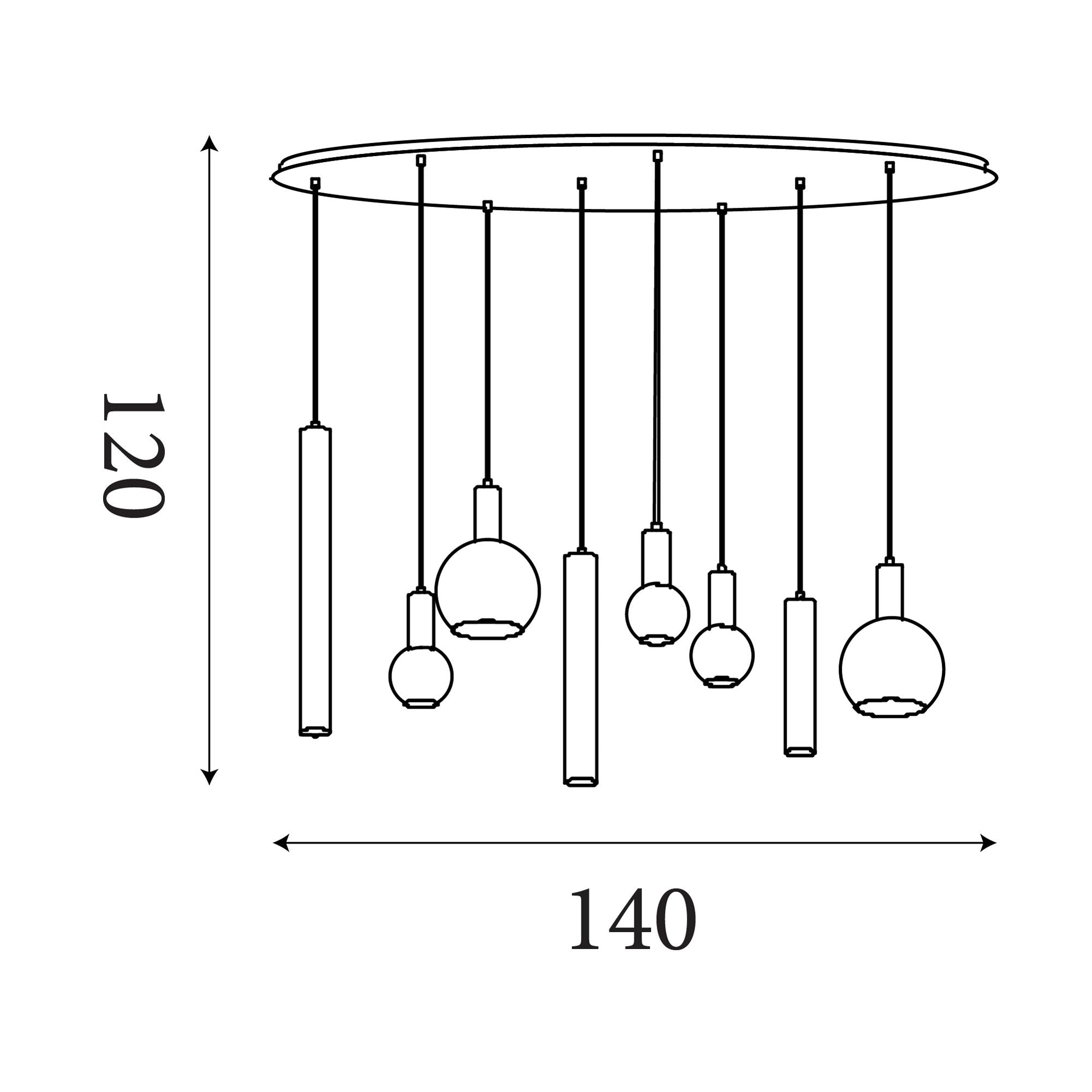 Technical drawing of the Searchlight Lyon 8 light pendant showing a 140cm wide ceiling plate and drops reaching 120cm