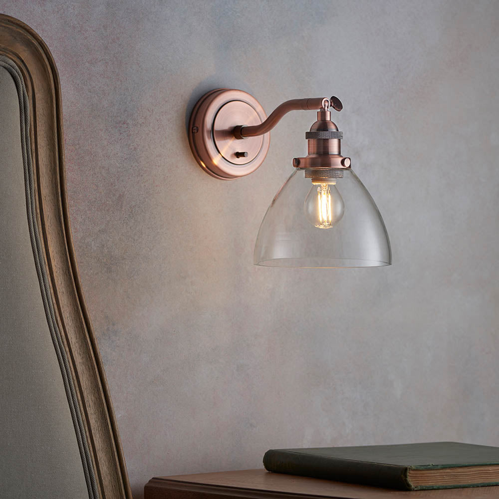 Endon Hansen Single Light Wall Light  - Aged Copper Plate & Clear Glass