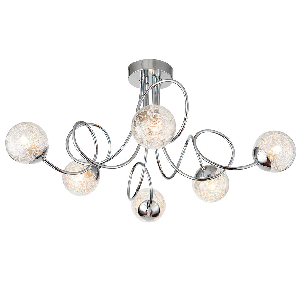 Endon Auria 6 Light Semi Flush Fitting  - Chrome Plate With Clear Glass & Chrome Wire
