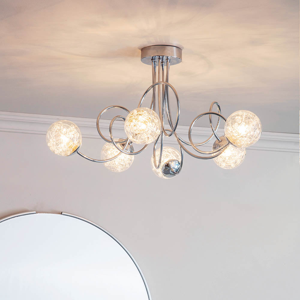 Endon Auria 6 Light Semi Flush Fitting  - Chrome Plate With Clear Glass & Chrome Wire