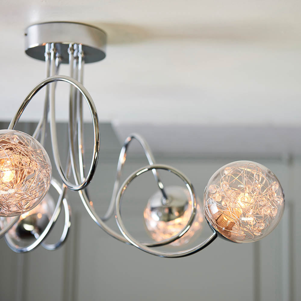 Endon Auria 6 Light Semi Flush Fitting  - Chrome Plate With Clear Glass & Chrome Wire
