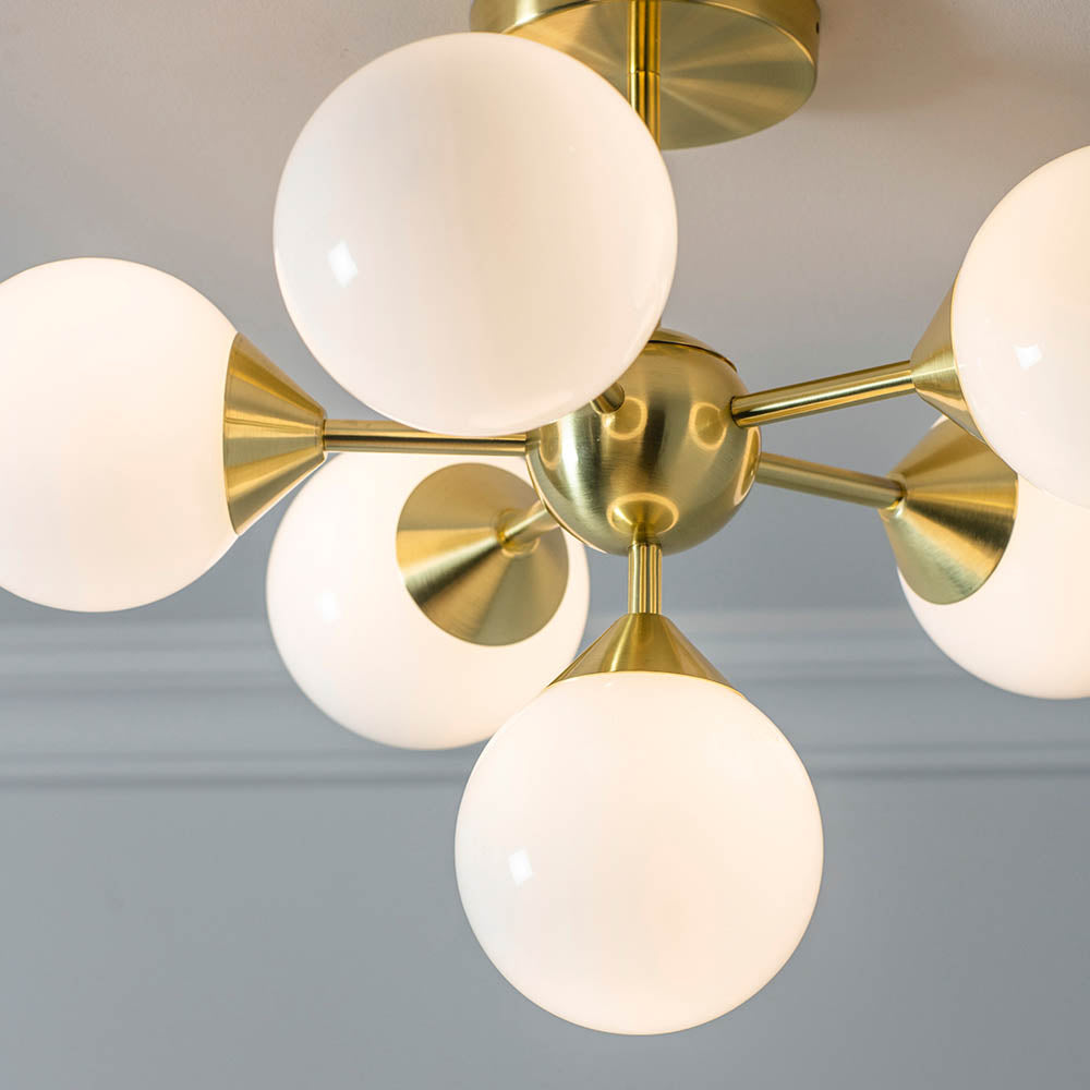 Endon Oscar 6 Light Semi Flush Fitting - Satin Brass Plate & Gloss White Glass