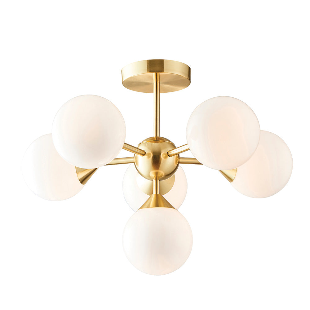 Endon Oscar 6 Light Semi Flush Fitting - Satin Brass Plate & Gloss White Glass