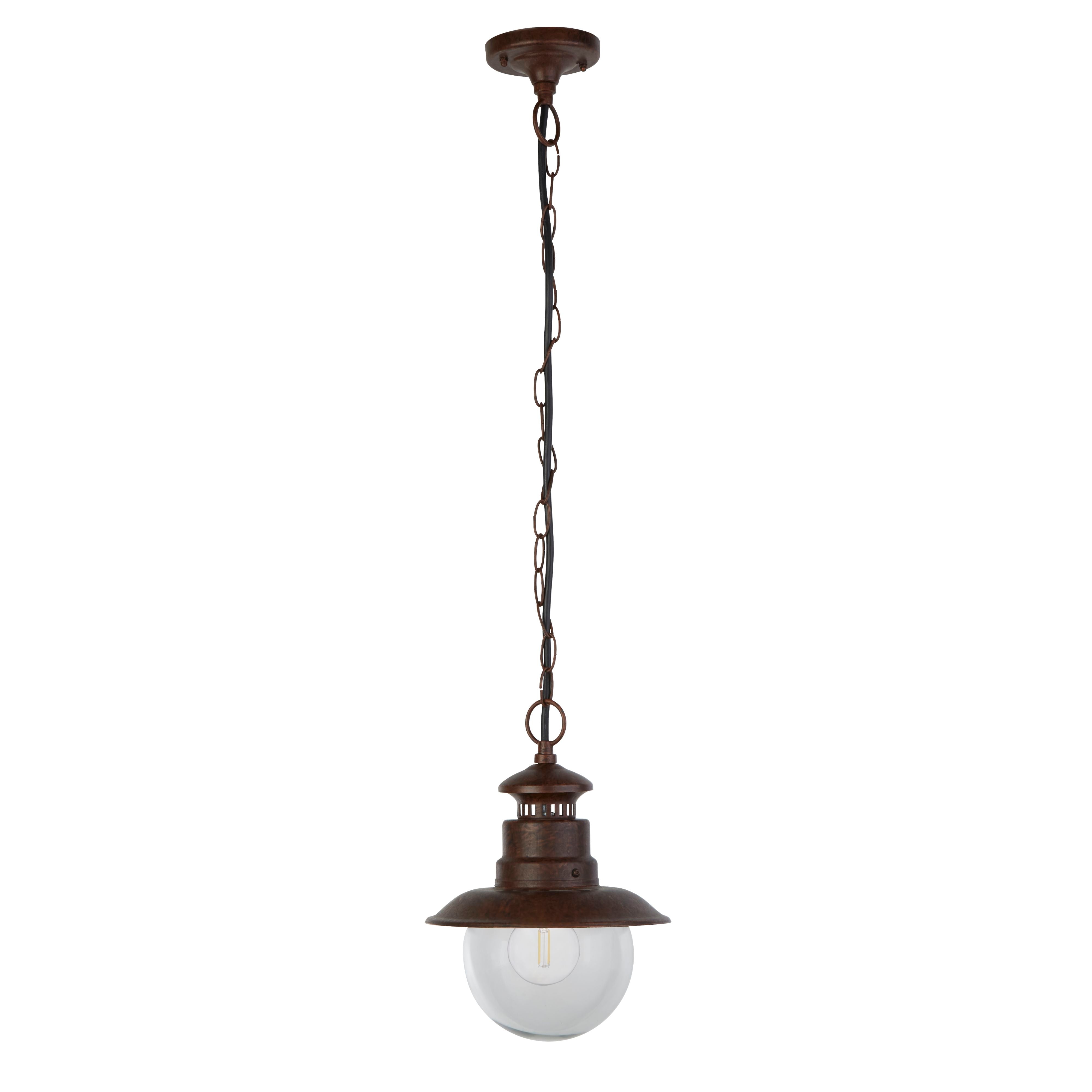 Searchlight Station outdoor pendant in rustic brown metal, studio shot from a slightly different angle showing the ceiling mount and chain