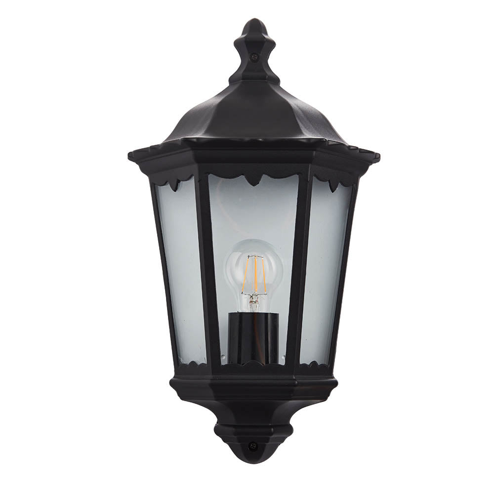 Endon Burford Single Light Wall Half Lantern  - Matt Black & Clear Glass