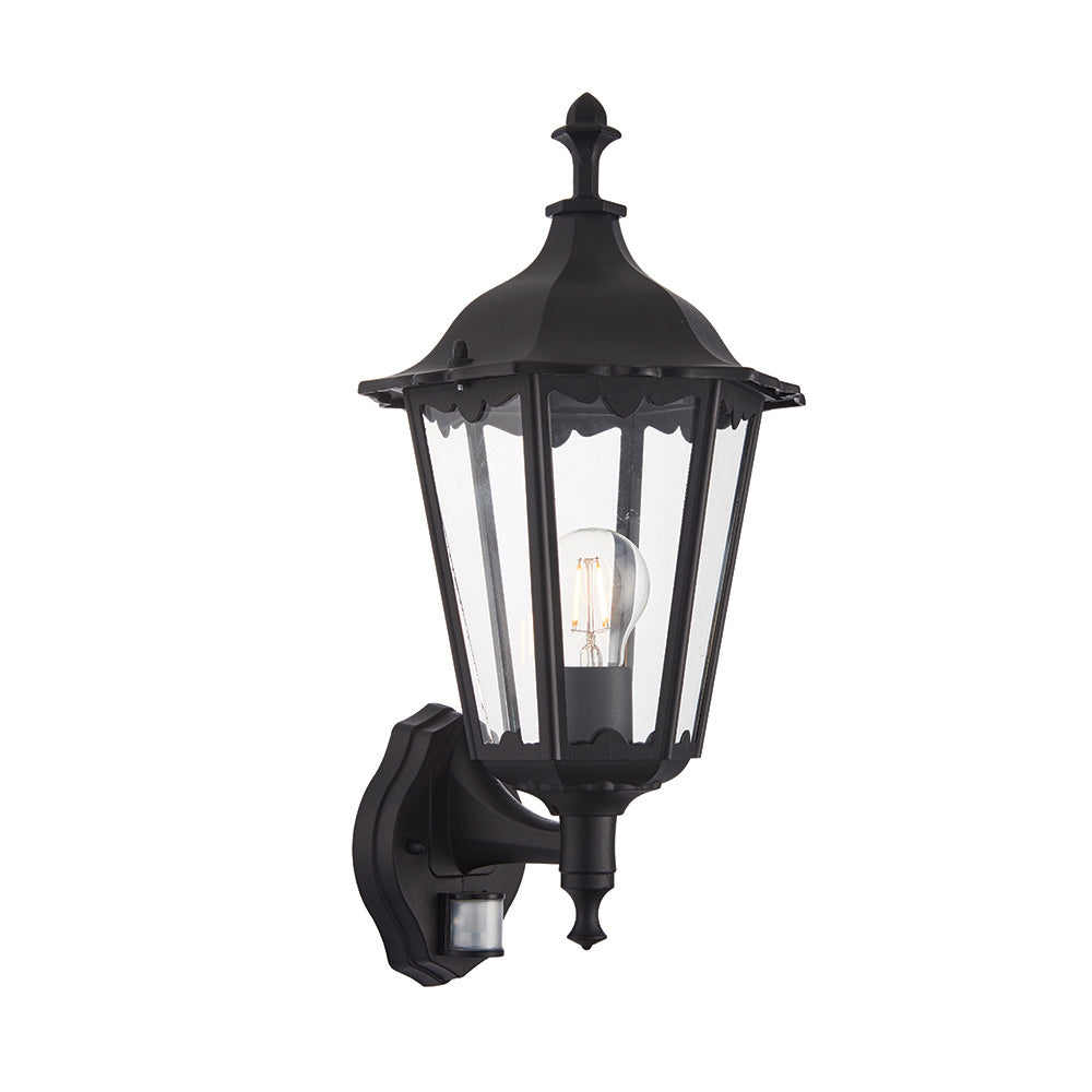 Endon Burford Single Light Wall Light with PIR  - Matt Black & Clear Glass